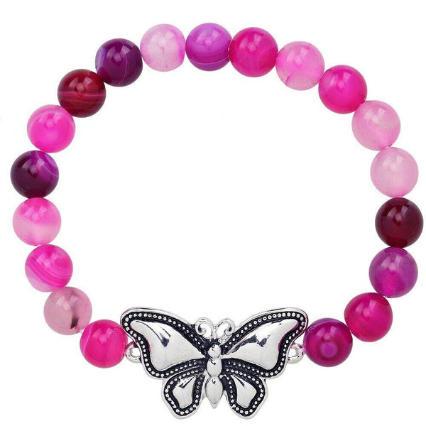 Butterfly Bracelet 28 COLORS Stretch Bead Bracelet Metal Charm 8mm Natural Stone - PalmTreeSky