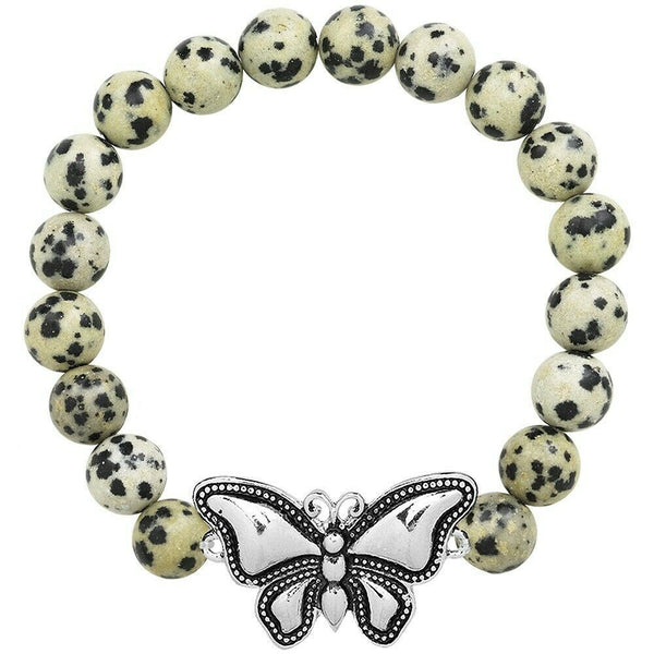 Butterfly Bracelet 28 COLORS Stretch Bead Bracelet Metal Charm 8mm Natural Stone - PalmTreeSky