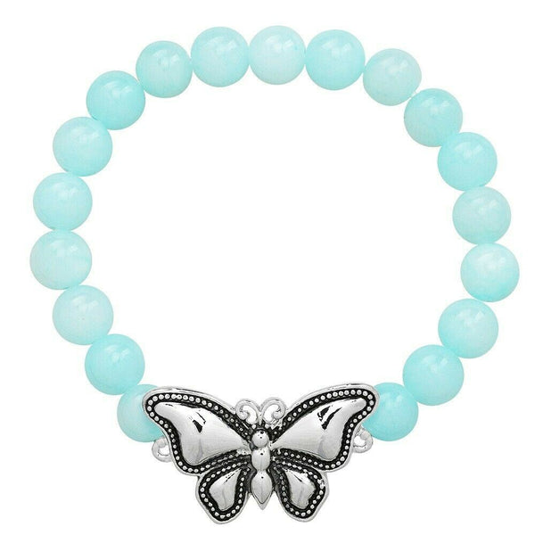 Butterfly Bracelet 28 COLORS Stretch Bead Bracelet Metal Charm 8mm Natural Stone - PalmTreeSky