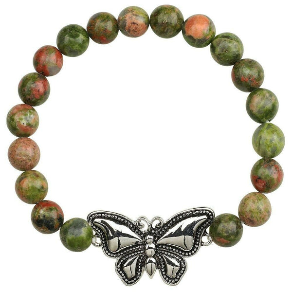Butterfly Bracelet 28 COLORS Stretch Bead Bracelet Metal Charm 8mm Natural Stone - PalmTreeSky