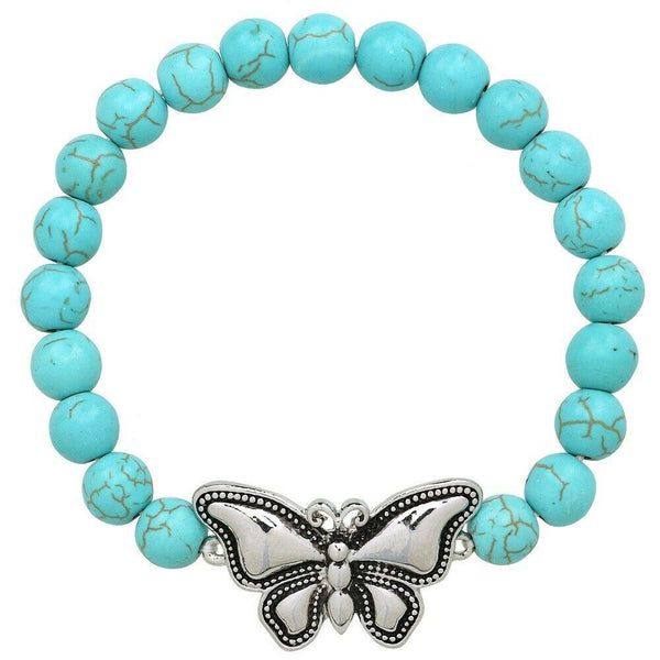Butterfly Bracelet 28 COLORS Stretch Bead Bracelet Metal Charm 8mm Natural Stone - PalmTreeSky