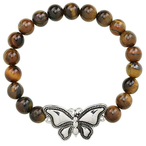 Butterfly Bracelet 28 COLORS Stretch Bead Bracelet Metal Charm 8mm Natural Stone - PalmTreeSky