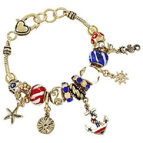 Anchor Bracelet Multi Sliding Bead Starfish Sand Dollar GOLD Sea Horse Jewelry - PalmTreeSky