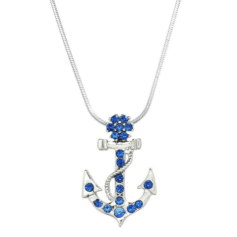Anchor Necklace Small Pave Rhinestone Flower Sea Life Boat Nautical Jewelry BLUE - PalmTreeSky