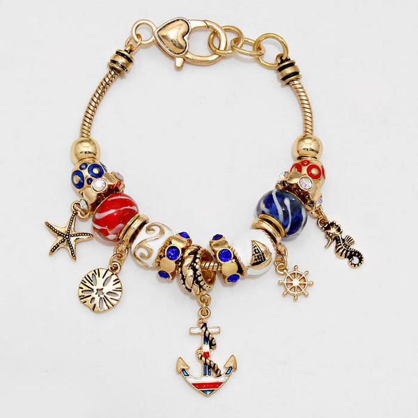 Anchor Bracelet Charm Bracelet Sea Horse GOLD BLUE Sand Dollar Starfish Helm - PalmTreeSky