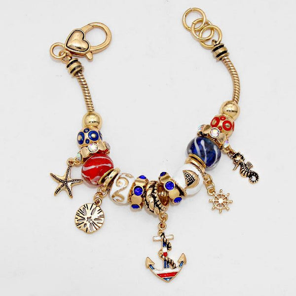 Anchor Bracelet Charm Bracelet Sea Horse GOLD BLUE Sand Dollar Starfish Helm - PalmTreeSky