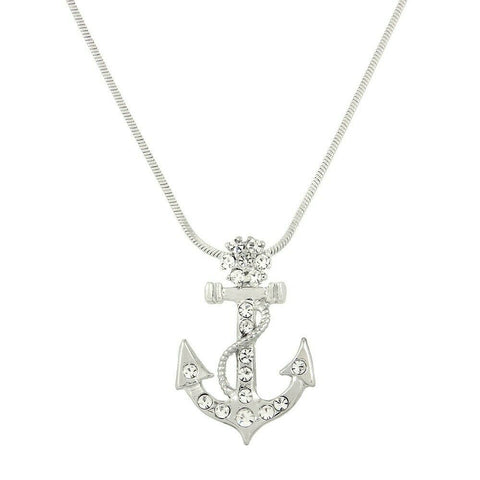Anchor Necklace Small Pave Rhinestone Flower Sea Life Boat Nautical Jewelry SLVR - PalmTreeSky