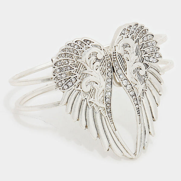 Angel Wings Bracelet Hinge Bangle Pave Rhinestone BURN SILVER Faith Love Jewelry - PalmTreeSky
