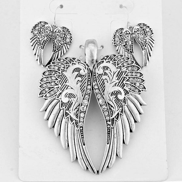 Angel Wings Pendant Earrings SET Metal Pave SILVER Rhinestones Scallop Jewelry - PalmTreeSky