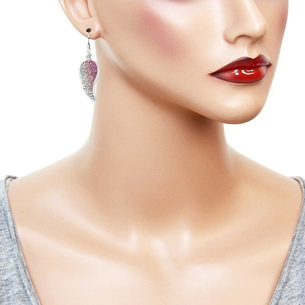 Angel Wing Earrings Pave Rhinestone SILVER PINK Drop Dangle Faith Hope Jewelry - PalmTreeSky