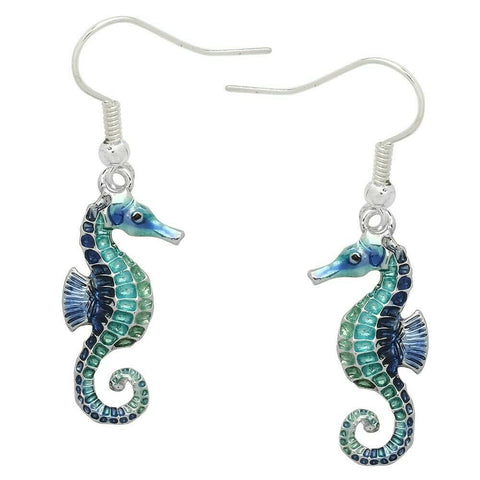 Sea Horse Earrings Hook Drop Sea Life Seahorse Beach Surfer Animal SILVER BLUE - PalmTreeSky