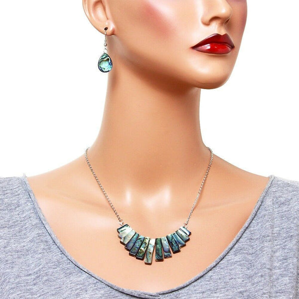 Abalone Shell Necklace SET Sea Shell Bars Rectangle Pendant Charm Beach SILVER - PalmTreeSky