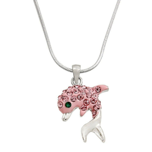 Dolphin Necklace Crystal Rhinestones Enamel Sea Life Gift Jewelry Silver Pink - PalmTreeSky