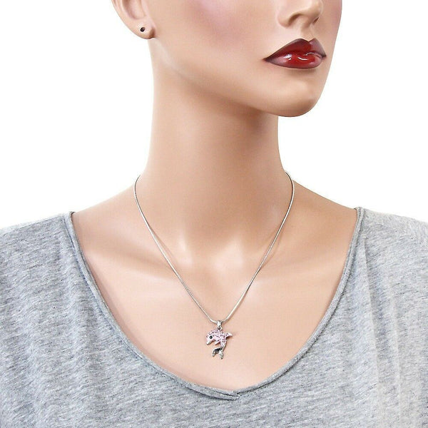 Dolphin Necklace Crystal Rhinestones Enamel Sea Life Gift Jewelry Silver Pink - PalmTreeSky