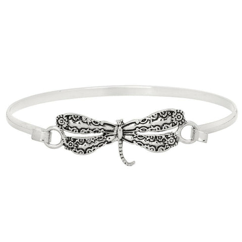 Dragonfly Bracelet Thin Band Hook Bangle Floral Textured SILVER Spoon Flowers - PalmTreeSky