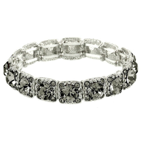 Crystal Bracelet Pave Rhinestones Square Cut Stretch SILVER GREY Evening Glam - PalmTreeSky