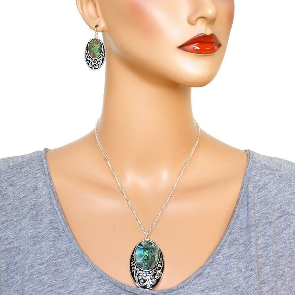 Abalone Shell Necklace SET Filigree Oval Wave SeaShell Pendant Beach Sand SILVER - PalmTreeSky
