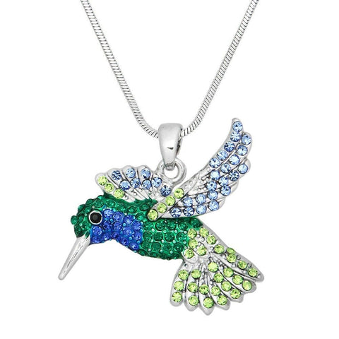 Hummingbird Necklace Charm Pave Rhinestone Fly 2 Tone Blue Green SILVER Jewelry - PalmTreeSky