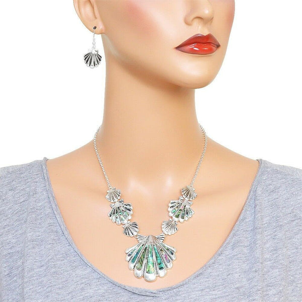 Abalone Shell Necklace SET Sea Shell Statement Cluster Beach Scallop SILVER - PalmTreeSky