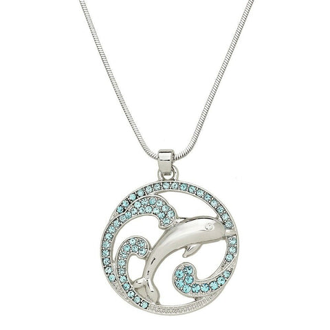 Wave Necklace Dolphin Circle Pave Rhinestone SILVER TURQ Ocean Beach Surfer Sun - PalmTreeSky