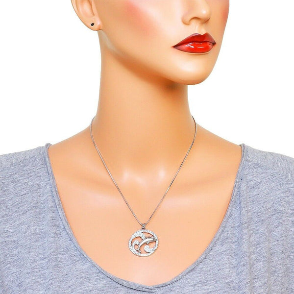 Wave Necklace Dolphin Circle Pave Rhinestone SILVER TURQ Ocean Beach Surfer Sun - PalmTreeSky