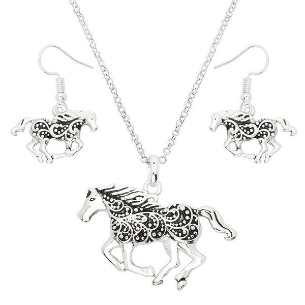 Horse Necklace SET Filigree Run Gallop Race Track Country Farm Pendant SILVER - PalmTreeSky