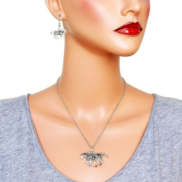 Horse Necklace SET Filigree Run Gallop Race Track Country Farm Pendant SILVER - PalmTreeSky