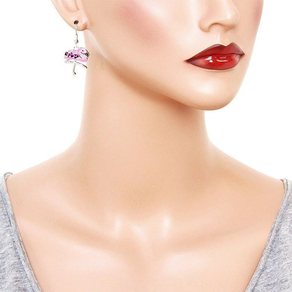Flamingo Earrings Triple Rhinestone Bird Tropical Drop Dangle Beach Florida PINK - PalmTreeSky