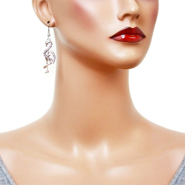 Flamingo Earrings Rhinestone Bird Tropical Drop Dangle Beach Florida PINK ROSE - PalmTreeSky