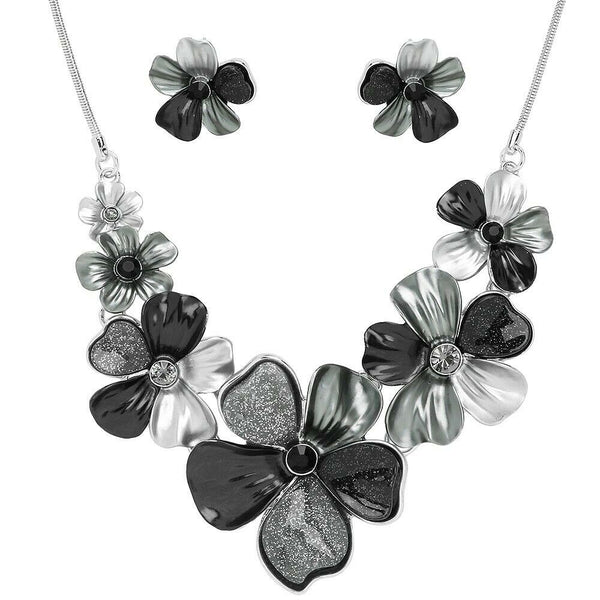 Flower Necklace Set Chunky Pendant Statement Floral Rhinestone Painted SBK Leaf - PalmTreeSky