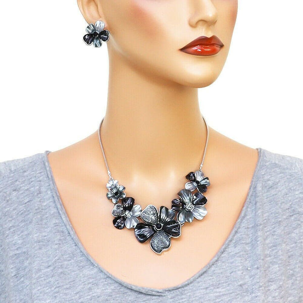 Flower Necklace Set Chunky Pendant Statement Floral Rhinestone Painted SBK Leaf - PalmTreeSky