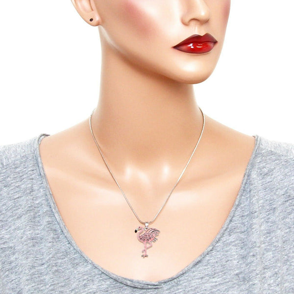 Flamingo Necklace Pave Bird Tropical Snake Chain Beach Florida SILVER PINK - PalmTreeSky