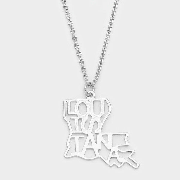 Louisiana Necklace Stencil Cutout Map Charm Pendant Family Hometown Silver - PalmTreeSky