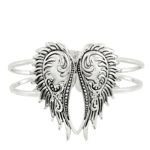 Wings Bracelet Hinge Bangle Double Metal Bar Textured SILVER Angel Love Jewelry - PalmTreeSky