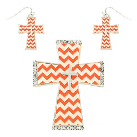 Cross Necklace Pendant Earrings Set Chevron Pattern Rhinestone Religious SIL ORG - PalmTreeSky
