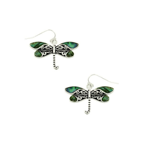 Dragonfly Earrings Filigree Abalone Shell Metal Drop Dangle SILVER Bug Jewelry - PalmTreeSky
