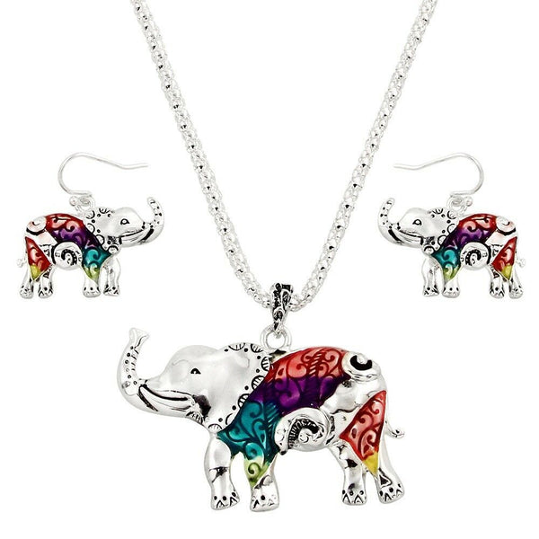 Elephant Necklace Pendant Set Mesh Chain Chunky SILVER MULTI Luck Strong Jewelry - PalmTreeSky