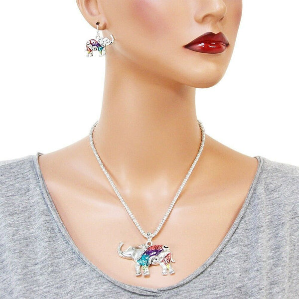 Elephant Necklace Pendant Set Mesh Chain Chunky SILVER MULTI Luck Strong Jewelry - PalmTreeSky