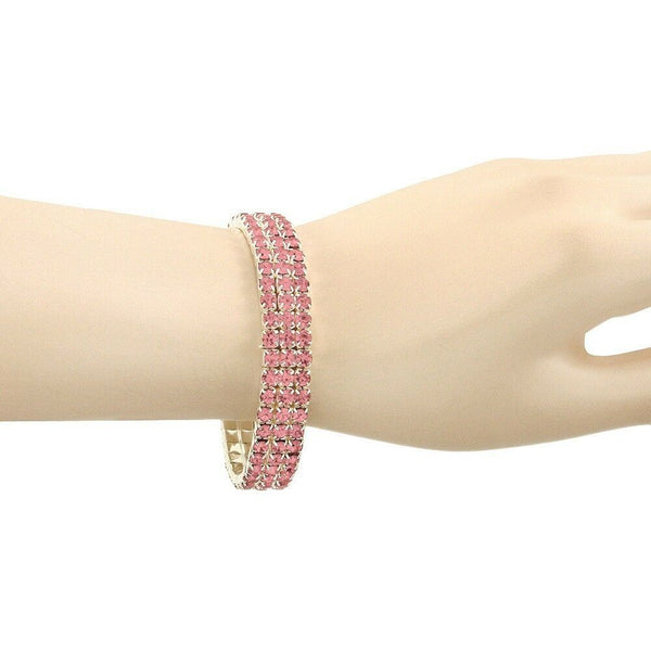 Rhinestone Bracelet Stretch Bangle 3 Row Crystal Pave Evening Event Dress PINK - PalmTreeSky