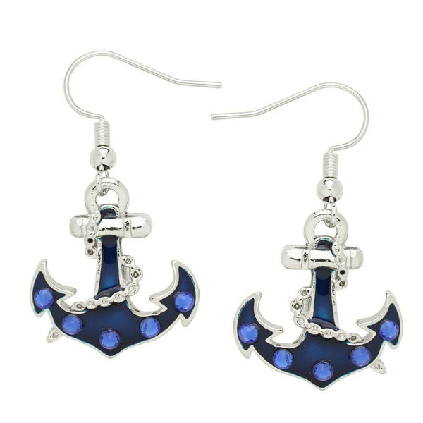 Anchor Earrings Crystal Rhinestone Dangle Nautical Sailor Jewelry SILVER BLUE - PalmTreeSky
