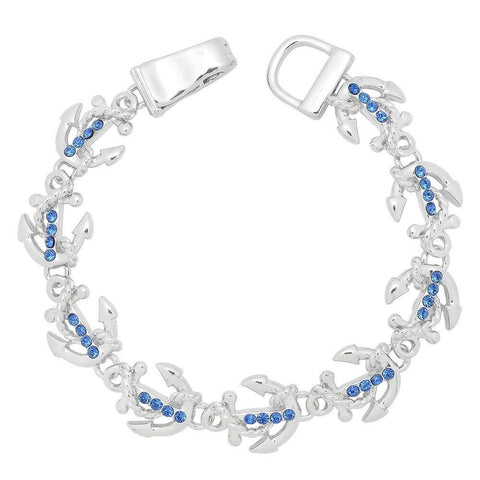 Anchor Bracelet Chain Link Magnetic Closure Clasp SILVER Blue Stones Nautical - PalmTreeSky