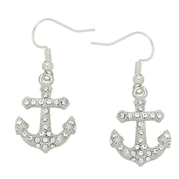 Anchor Earrings Small Pave Rhinestone Nautical Textured Metal Jewelry SILVER - PalmTreeSky