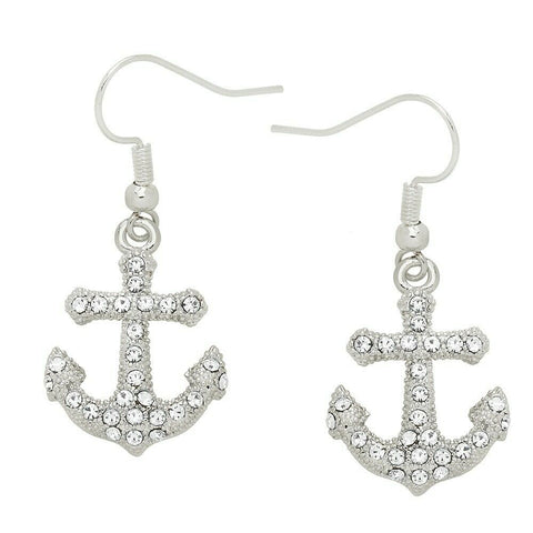 Anchor Earrings Small Pave Rhinestone Nautical Textured Metal Jewelry SILVER - PalmTreeSky