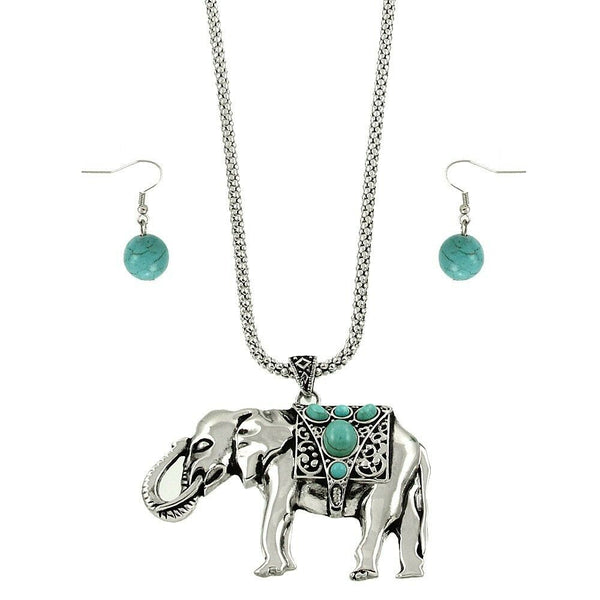 Elephant Necklace Pendant Charm Snake Chain Textured Metal SILVER Turquoise SET - PalmTreeSky