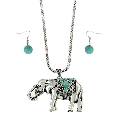 Elephant Necklace Pendant Charm Snake Chain Textured Metal SILVER Turquoise SET - PalmTreeSky