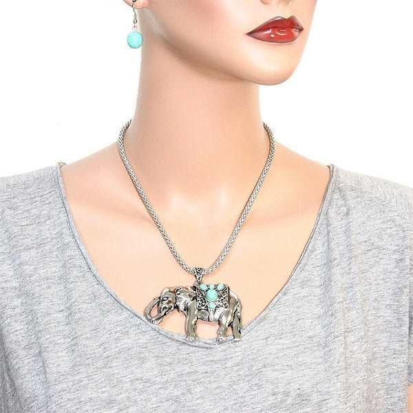 Elephant Necklace Pendant Charm Snake Chain Textured Metal SILVER Turquoise SET - PalmTreeSky
