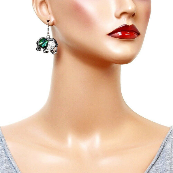 Elephant Earrings Sea Life Abalone Shell Metal Drop Dangle SILVER Rhinestone - PalmTreeSky