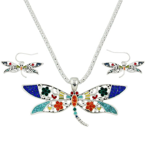 Dragonfly Necklace SET Beaded Pave Crystals Metal SILVER MULTI Beach Surf Nature - PalmTreeSky