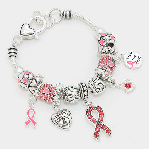 Pink Ribbon Bracelet Charm Keep the Faith Tree SILVER Breast Cancer Awareness - PalmTreeSky