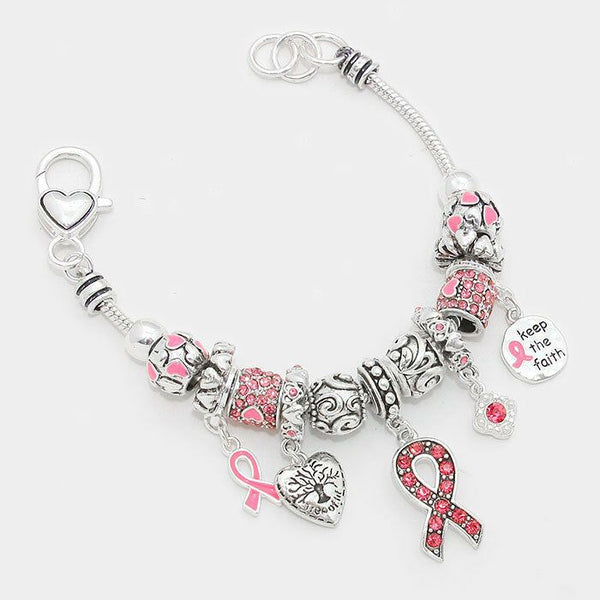 Pink Ribbon Bracelet Charm Keep the Faith Tree SILVER Breast Cancer Awareness - PalmTreeSky